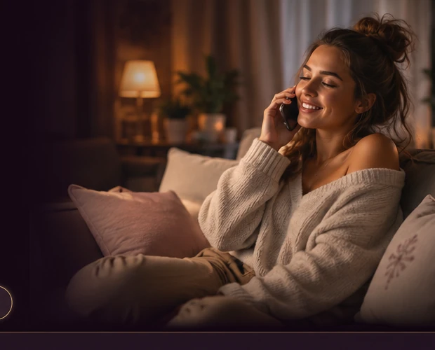 Oseba doma na kavču uživa v telefonskem pogovoru